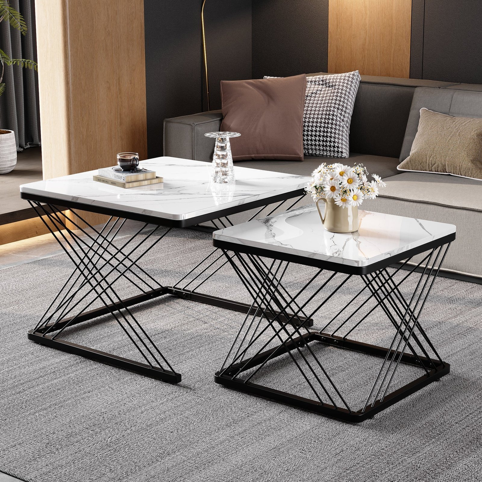 Stylish 2-Piece Square Coffee Table Set Marble Look - Image 2