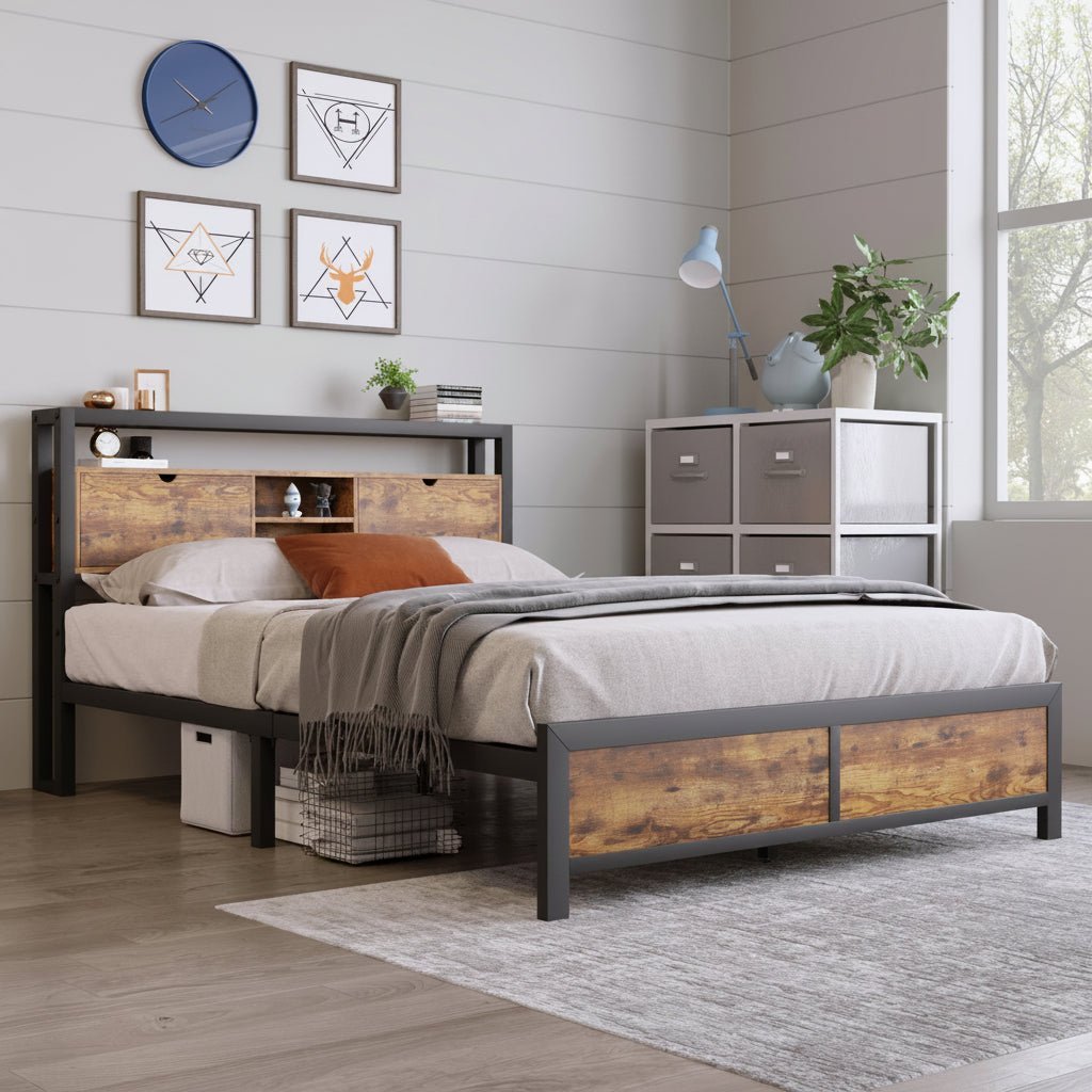 Metal Bed 140 × 200 cm with Storage Headboard Frame - Image 3