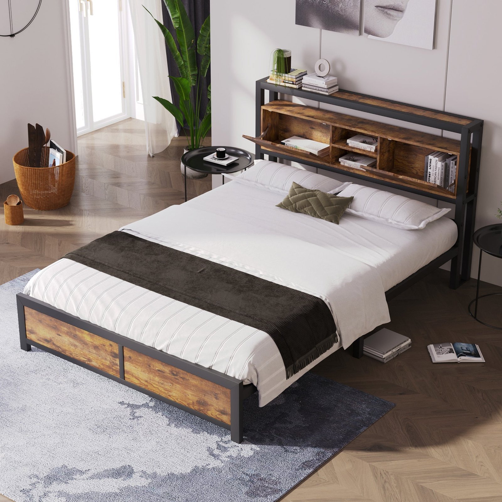 Metal Bed 140 × 200 cm with Storage Headboard Frame - Image 4
