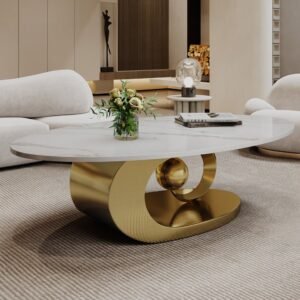 Modern Faux Marble Oval Coffee Table with Stainless Steel Base
