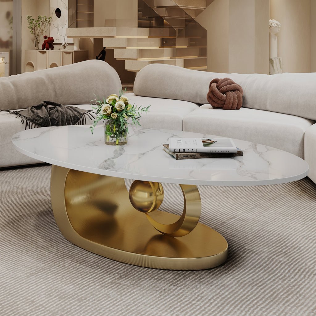 Modern Faux Marble Oval Coffee Table with Stainless Steel Base - Image 3