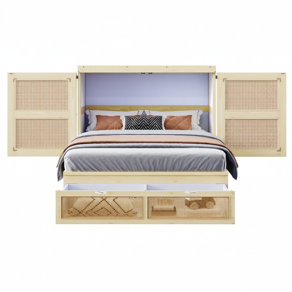 Murphy Bed 140 × 200 cm with Rattan Storage Drawers - Image 4