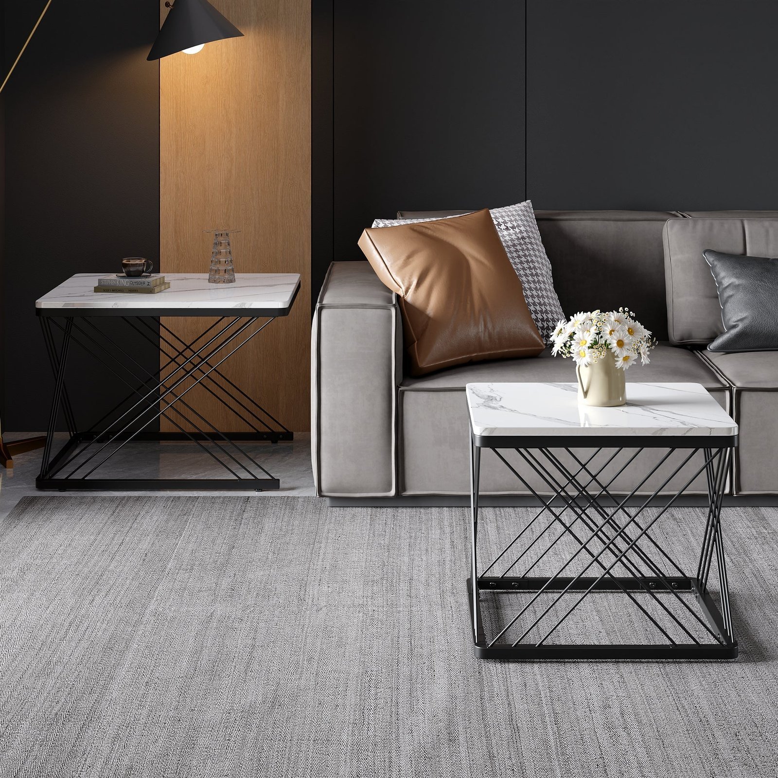Stylish 2-Piece Square Coffee Table Set Marble Look - Image 5