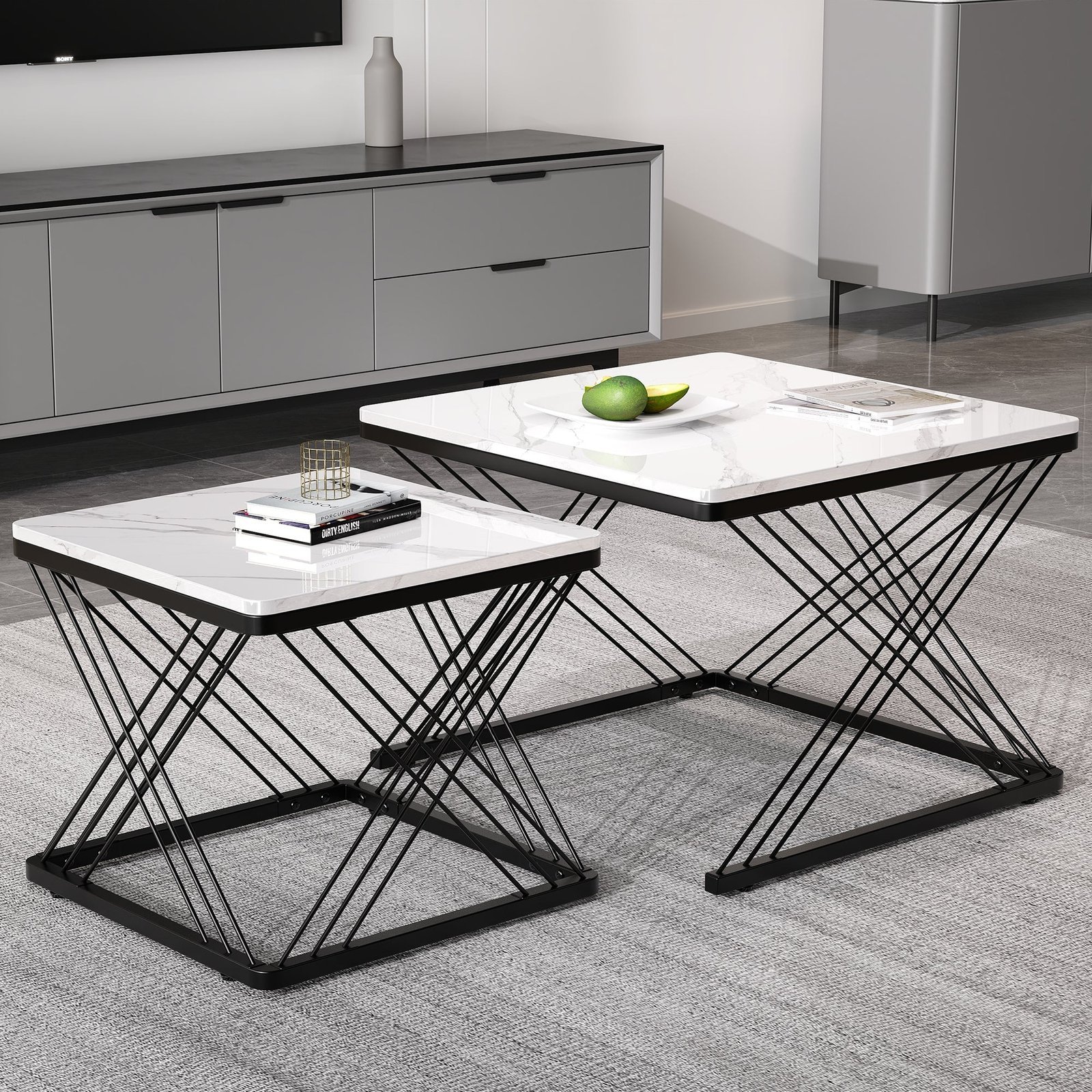 Stylish 2-Piece Square Coffee Table Set Marble Look - Image 4